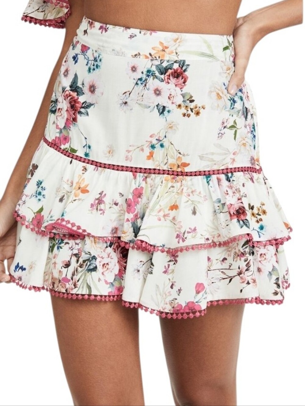 Charo Ruiz Ibiza Fera Floral Tiered Mini Skirt White Pink Floral Coquette small